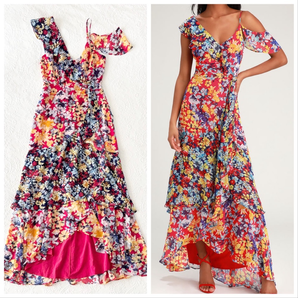 NWT Lulus Radiant Ruby Red Floral Print Chiffon Maxi Dress Small